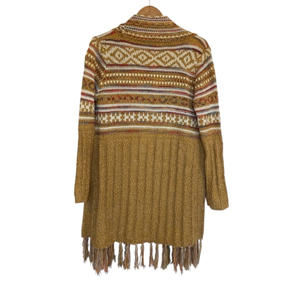 Bohemian Longline Knit Cardigan With Fringe Tassel Hem Southwestern Aztec Print - Picture 7 of 11